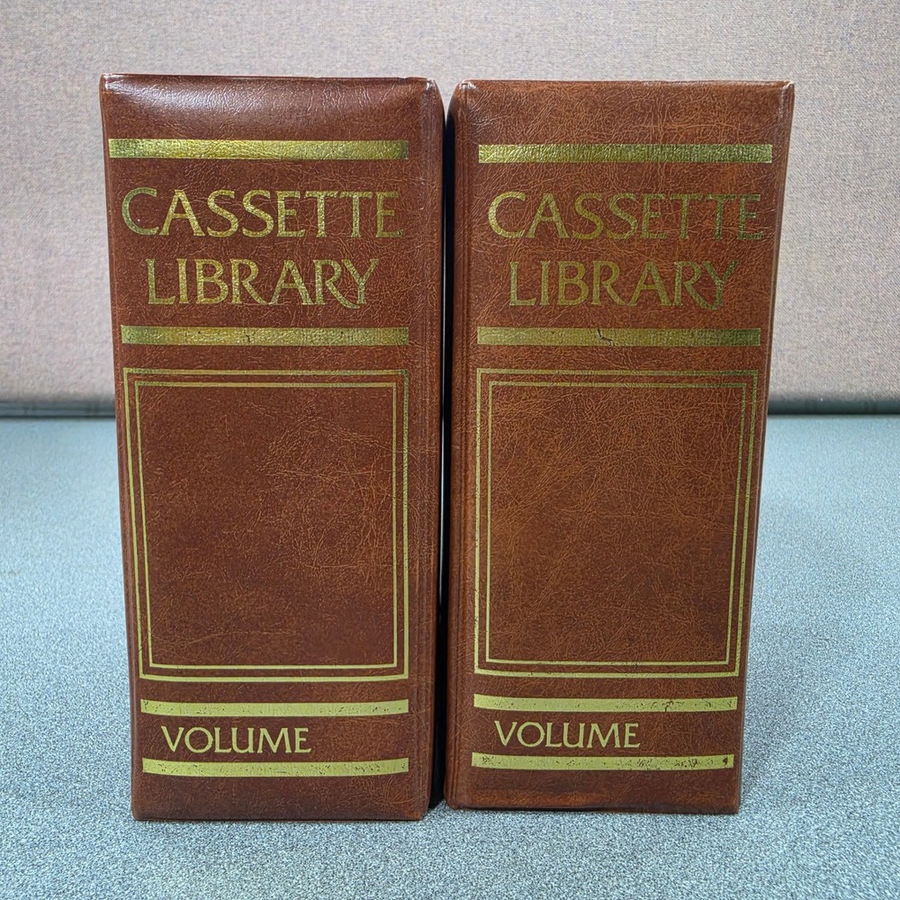 Vintage Cassette Library Storage Case Set 2 Brown Book Style Faux Leather